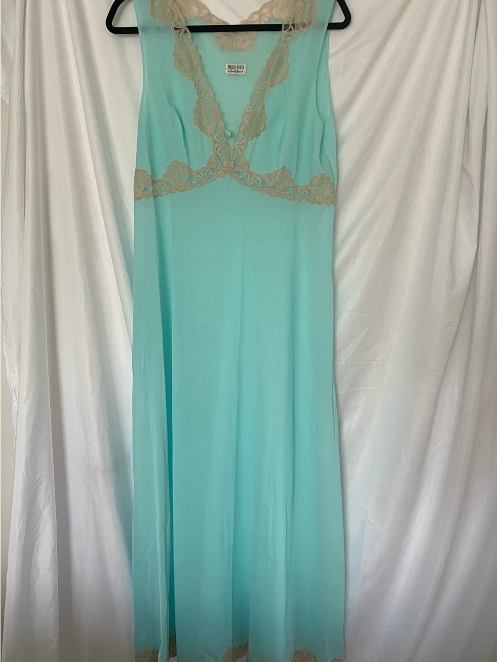 1960s Emilio Pucci Aqua Nightgown with Beige Lace Trim